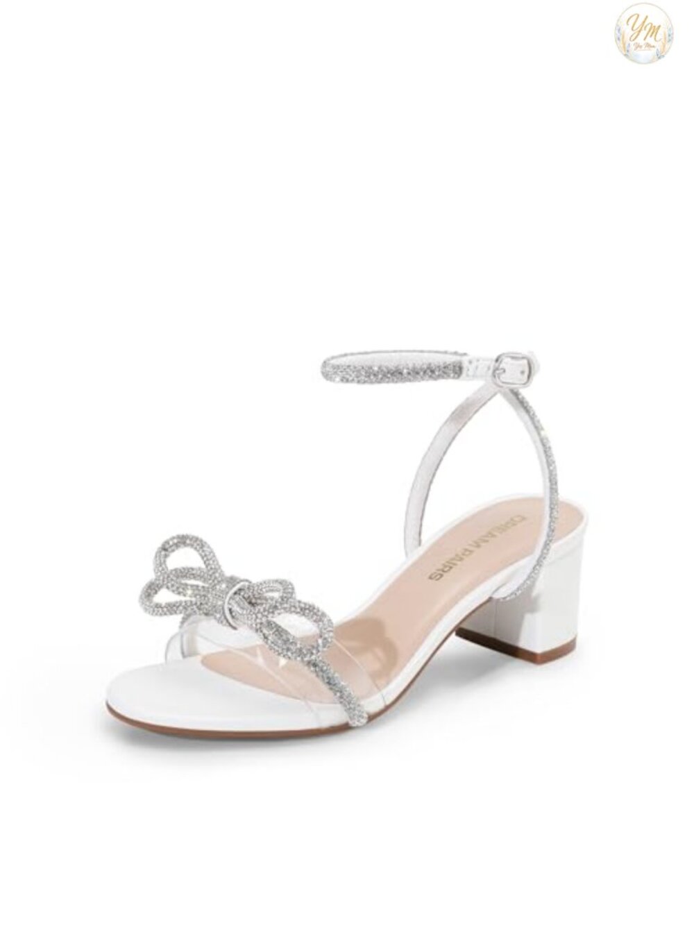Women's Rhinestone Double Bow Block Heel Sandals Ankle Strap Faux Leather